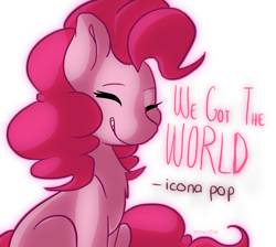 Size: 945x846 | Tagged: safe, artist:snowolive, derpibooru import, pinkie pie, earth pony, pony, chest fluff, eyes closed, female, mare, simple background, sitting, smiling, solo, theme song, transparent background