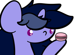 Size: 2048x1536 | Tagged: safe, artist:kimjoman, oc, oc only, oc:purple flix, pony, unicorn, food, macaron, male, simple background, solo, stare, white background