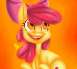 Size: 945x846 | Tagged: safe, artist:snowolive, apple bloom, earth pony, pony, abstract background, cutie mark, female, filly, open mouth, sitting, smiling, solo
