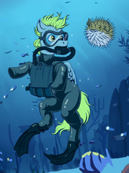 Size: 2240x2991 | Tagged: safe, artist:chef-cheiro, artist:raynaljacquemin, oc, oc:sea glow, pony, flippers, latex, latex suit, puffer fish, rebreather, scuba, scuba mask, solo, underwater, wetsuit