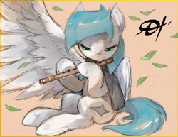 Size: 2475x1914 | Tagged: safe, artist:alts-art, oc, oc only, oc:cynosura, pegasus, pony, bamboo, clothes, colored sketch, female, flute, leaves, lidded eyes, looking down, mare, musical instrument, orange background, playing instrument, scarf, signature, simple background, sitting, sketch, solo, spread wings, unshorn fetlocks, watercolor painting, wings