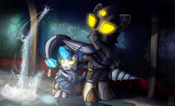 Size: 2800x1700 | Tagged: safe, artist:elmutanto, oc, oc:subject alpha, pegasus, pony, unicorn, big daddy, bioshock, crossover, levitation, little sister, magic, ponified, telekinesis, video game crossover, water