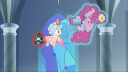 Size: 1920x1080 | Tagged: safe, derpibooru import, screencap, cozy glow, pinkie pie, alicorn, pony, the ending of the end, alicornified, bewitching bell, cozybuse, cozycorn, gun, party bazooka, race swap, weapon