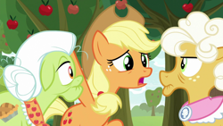 Size: 1920x1080 | Tagged: safe, derpibooru import, screencap, applejack, goldie delicious, granny smith, earth pony, pony, going to seed, apple, apple tree, tree