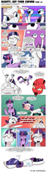 Size: 1271x4618 | Tagged: safe, artist:saturdaymorningproj, derpibooru import, rarity, twilight sparkle, oc, oc:tom the crab, crab, pony, unicorn, comic:rarity get your sword, angry, comic, faceplant, giant crab, i'm surrounded by idiots, impersonating, speech bubble, too dumb to live