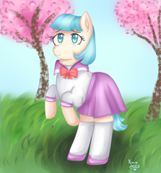 Size: 2600x2800 | Tagged: safe, artist:yumomochan, coco pommel, earth pony, pony, clothes, cocobetes, cute, female, grass, mare, pastel, pleated skirt, school uniform, shoes, skirt, socks, solo, tree