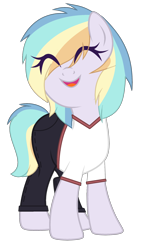Size: 1288x2280 | Tagged: safe, artist:lazuli, artist:rukemon, oc, oc only, oc:pastel aerosol, earth pony, pony, base used, clothes, commission, eyes closed, female, jeans, mare, multicolored hair, open mouth, pants, shirt, simple background, solo, t-shirt, transparent background