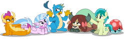 Size: 1592x502 | Tagged: safe, artist:aleximusprime, gallus, ocellus, sandbar, silverstream, smolder, yona, changeling, dragon, earth pony, griffon, hippogriff, pony, tortoise, yak, chill, comforting, cute, diaocelles, diastreamies, gallabetes, group, hiding, kids, sandabetes, scared, smolderbetes, species swap, student six, students, transformed, turtle shell, yonadorable, young