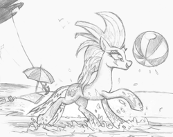 Size: 900x713 | Tagged: safe, artist:yewdee, fizzlepop berrytwist, tempest shadow, pony, unicorn, airship, anchor, atg 2019, beach, beach ball, beach towel, beach umbrella, broken horn, happy, horn, monochrome, newbie artist training grounds, ocean, scar, solo, vacation, water