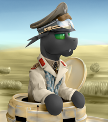 Size: 1920x2170 | Tagged: safe, artist:richmay, oc, oc only, changeling, equestria at war mod, afrika korps, army, bust, cap, changeling oc, clothes, commission, desert, green changeling, hat, military, military uniform, panzer iii, portrait, tank (vehicle), uniform, war, wehrmacht, world war ii