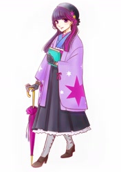 Size: 1242x1767 | Tagged: safe, artist:chizuru_mickey, twilight sparkle, human, anime, anime style, book, boots, clothes, ear piercing, earring, female, gloves, hakama, hand, haori, hat, humanized, jewelry, kimono (clothing), looking at you, piercing, shoes, smiling, solo, umbrella