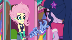 Size: 1926x1080 | Tagged: safe, screencap, fluttershy, sci-twi, twilight sparkle, better together, choose your own ending, equestria girls, the road less scheduled, the road less scheduled: fluttershy, alternate hairstyle, choker, clothes, crystal skull staff, duo, duo female, ear piercing, earring, eyeliner, eyeshadow, female, flutterpunk, geode of telekinesis, glasses, goth, jewelry, lipstick, magical geodes, makeup, metalshy, midriff, piercing, purple lipstick, skull, sleeveless, staff, tanktop