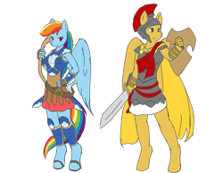 Size: 1013x788 | Tagged: safe, artist:bigrinth, artist:digigex90, derpibooru import, flash magnus, rainbow dash, anthro, unguligrade anthro, armor, armor skirt, clothes, female, male, mare, miniskirt, skirt, stallion