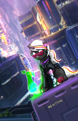 Size: 612x943 | Tagged: safe, artist:princessofbeauxarts, oc, oc only, oc:pyrelight, oc:velvet remedy, balefire phoenix, cyborg, phoenix, pony, unicorn, fallout equestria, augmented, city, cyber legs, cyberpunk, fanfic, fanfic art, female, fuck the police, hooves, horn, mare, roof