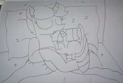 Size: 3838x2594 | Tagged: safe, artist:徐詩珮, spring rain, twilight sparkle, twilight sparkle (alicorn), alicorn, pony, unicorn, female, lesbian, lineart, mare, onomatopoeia, shipping, sleeping, sound effects, springlight, traditional art, zzz