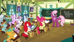 Size: 1920x1080 | Tagged: safe, screencap, apple bloom, cheerilee, diamond tiara, shady daze, snails, snips, sweetie belle, twist, earth pony, pegasus, pony, unicorn, the last crusade, book, bookshelf, chalkboard, classroom, colt, cutie mark, desk, devon cody, female, filly, male, ponyville schoolhouse, sitting, the cmc's cutie marks, trash can, window