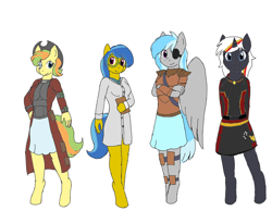 Size: 2700x2100 | Tagged: safe, artist:bigrinth, artist:digigex90, oc, oc:nova gear, oc:velvet remedy, anthro, earth pony, pegasus, unguligrade anthro, unicorn, fallout equestria, anthro oc, armor, clothes, coat, cowboy hat, earth pony oc, female, hat, mare, pegasus oc, skirt, stetson, unicorn oc