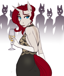 Size: 589x695 | Tagged: safe, artist:askbubblelee, oc, oc only, oc:golden letter, anthro, unguligrade anthro, unicorn, alcohol, anthro oc, clothes, crowd, dress, ear piercing, earring, evening gloves, female, glass, gloves, jewelry, long gloves, mare, piercing, silhouette, wine, wine glass