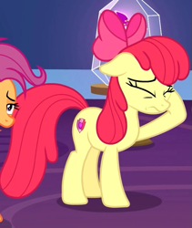 Size: 683x810 | Tagged: safe, screencap, apple bloom, scootaloo, earth pony, pony, growing up is hard to do, cropped, cutie mark, eyes closed, female, mare, offscreen character, older, older apple bloom, older scootaloo, the cmc's cutie marks