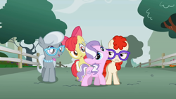Size: 1280x720 | Tagged: safe, screencap, apple bloom, diamond tiara, silver spoon, twist, earth pony, pony, call of the cutie, female, fence, filly, glasses, jewelry, necklace, pearl necklace, tiara, tree