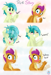 Size: 2270x3272 | Tagged: safe, artist:rainbow eevee, sandbar, smolder, dragon, pony, adorkable, blushing, cute, dialogue, dork, dragoness, female, frog (hoof), interspecies, majestic as fuck, male, nodding, pointing, sandabetes, shipping, shipping fuel, smolbar, smolderbetes, story, straight, sweat, text, underhoof, waving, wooing