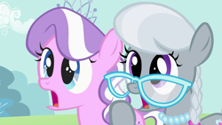 Size: 1920x1080 | Tagged: safe, screencap, diamond tiara, silver spoon, earth pony, pony, the cutie pox, amused, diamond tiara is amused, duo, female, filly, glasses, jaw drop, jewelry, necklace, pearl necklace, shocked, silver spoon is amused, tiara