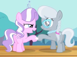 Size: 968x720 | Tagged: safe, screencap, diamond tiara, silver spoon, earth pony, pony, flight to the finish, female, filly, glasses, hoofbump, jewelry, necklace, open mouth, pearl necklace, stage, tiara