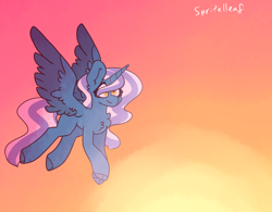 Size: 1824x1424 | Tagged: safe, artist:spritelleaf, oc, oc:fleurbelle, alicorn, pony, alicorn oc, female, flying, golden eyes, mare, smiling, sunset