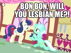 Size: 420x316 | Tagged: safe, edit, edited screencap, screencap, bon bon, lyra heartstrings, sweetie drops, earth pony, pony, unicorn, the big mac question, background characters doing background things, background pony, box, canon, caption, confirmed, cropped, engagement, engagement ring, female, grammar error, image macro, impact font, intentional grammar error, it finally happened, it happened, kneeling, lesbian, lyrabon, mare, marriage proposal, raised hoof, real, ring, shipping, text