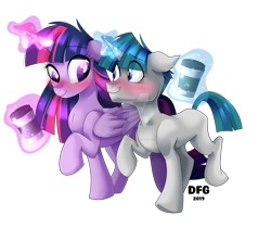 Size: 1600x1343 | Tagged: safe, artist:dragonfoxgirl, stygian, twilight sparkle, twilight sparkle (alicorn), alicorn, pony, unicorn, blushing, coffee cup, commission, commissioner:imperfectxiii, cup, deviantart watermark, female, male, obtrusive watermark, shipping, simple background, story included, straight, transparent background, twigian, twiligian, watermark