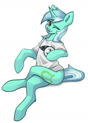 Size: 1005x1407 | Tagged: safe, artist:chibadeer, lyra heartstrings, pony, unicorn, :p, clothes, commission, crossed legs, cutie mark, female, looking at you, loose fitting clothes, mare, one eye closed, shirt, simple background, sitting, solo, t-shirt, tongue out, white background, wink