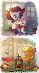 Size: 1600x3000 | Tagged: safe, artist:tcn1205, derpibooru import, apple bloom, applejack, rarity, sweetie belle, earth pony, pony, unicorn, adorabloom, alternate hairstyle, apple, beanie, cute, daaaaaaaaaaaw, diasweetes, eyes closed, female, filly, food, grin, hat, jackabetes, jewelry, mare, necklace, open mouth, playing, raribetes, siblings, sisters, smiling, teddy bear, toy, younger