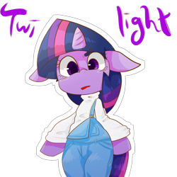 Size: 3000x3000 | Tagged: safe, artist:temmie-kun, twilight sparkle, pony, semi-anthro, big ears, bipedal, clothes, female, looking at you, overalls, shirt, simple background, solo, transparent background