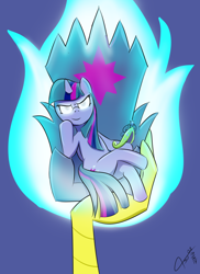 Size: 800x1100 | Tagged: safe, artist:asajiopie01, discord, twilight sparkle, twilight sparkle (alicorn), alicorn, pony, season 9, the beginning of the end, element of magic, evil, fire, jojo pose, sitting, solo, solo focus, throne, tyrant sparkle