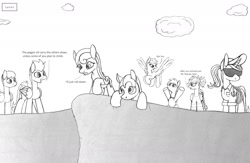 Size: 1970x1284 | Tagged: safe, artist:dsb71013, oc, oc:light fantastic, oc:night cap, oc:rhapsody, oc:static signal, pony, g3, anchors away, clothes, cloud, comic, g3 to g4, generation leap, grappling hook, hat, monochrome, sunglasses