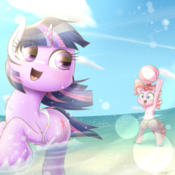 Size: 1900x1900 | Tagged: safe, artist:phoenixrk49, derpibooru import, pinkie pie, twilight sparkle, earth pony, pony, semi-anthro, beach, beach ball, belly button, clothes, open mouth, swimsuit