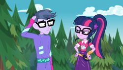 Size: 1908x1080 | Tagged: safe, screencap, microchips, sci-twi, twilight sparkle, better together, choose your own ending, equestria girls, the road less scheduled, the road less scheduled: microchips, clothes, female, fingerless gloves, geode of telekinesis, glasses, gloves, lidded eyes, magical geodes, male, mc dex fx, outdoors, ponytail, smiling