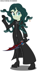 Size: 1700x2966 | Tagged: safe, artist:gamerpen, oc, oc:medusa, gorgon, medusa, snake, equestria girls, crossover, disney, equestria girls-ified, kingdom hearts, looking at you, organization xiii, simple background, solo, transparent background, weapon