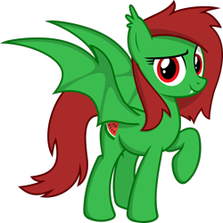 Size: 1495x1494 | Tagged: safe, artist:ravirr94, oc, oc only, oc:watermelon frenzy, bat pony, pony, fangs, food, old design, smiling, solo, standing, watermelon, wings