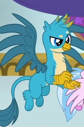 Size: 476x720 | Tagged: safe, screencap, gallus, silverstream, she's all yak, chest fluff, claws, cropped, flying, majestic, offscreen character, smiling, tail, wings