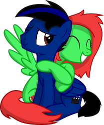 Size: 1672x2000 | Tagged: safe, artist:ravirr94, oc, oc only, oc:matrox, oc:watermelon frenzy, pegasus, pony, cute, duo, food, grin, hug, smiling, watermelon, wings