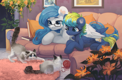 Size: 3072x2015 | Tagged: safe, artist:graypillow, oc, oc only, cat, pegasus, pony, book, commission, flower, hug, indoors, ragdoll, sitting, sofa, winghug, yarn, yarn ball