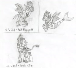 Size: 2178x1972 | Tagged: safe, artist:thekman100, hippogriff, kirin, robot, seapony (g4), acid, acid man, arm cannon, fire, mega man 11, megaman, megapony, pencil drawing, robot master, torch, torch man, traditional art