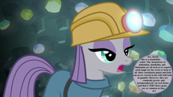 Size: 1125x630 | Tagged: safe, edit, edited screencap, screencap, maud pie, pony, rock solid friendship, dialogue, gem, gem cave, headcanon, helmet, implied rarity, mining helmet, speech bubble