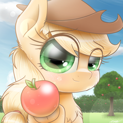 Size: 1900x1900 | Tagged: safe, artist:phoenixrk49, derpibooru import, applejack, earth pony, pony, apple, chest fluff, cute, eye clipping through hair, food, frog (hoof), hat, hoof hold, jackabetes, underhoof