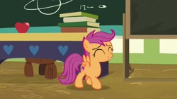 Size: 1920x1080 | Tagged: safe, screencap, scootaloo, pegasus, pony, the last crusade, apple, book, chalkboard, cutie mark, female, filly, food, solo, the cmc's cutie marks