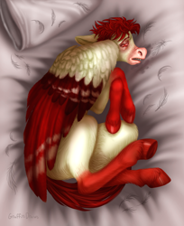 Size: 1600x1956 | Tagged: safe, artist:graffiti, oc, oc:bloodshot, pegasus, pony, bed, bloodshot eyes, coat markings, drool, feather, full body, fullbody, hooves, lying down, male, on side, pillow, realistic anatomy, realistic horse legs, realistic wings, red, sheet, sick, snot, solo, stallion, two toned wings, underhoof, white, wing markings, wings