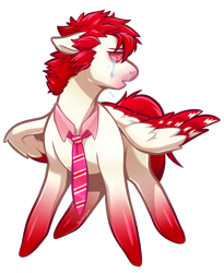 Size: 1219x1486 | Tagged: safe, artist:heartlessspade, oc, oc:bloodshot, pegasus, pony, accessories, bloodshot eyes, chibi, clothes, coat markings, crying, fullbody, looking away, looking back, male, messy hair, messy mane, necktie, open mouth, red, red hair, red mane, simple background, solo, stallion, transparent background, two toned wings, wings