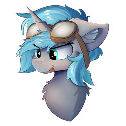 Size: 1250x1250 | Tagged: safe, artist:lunar froxy, oc, oc only, oc:rym, pony, unicorn, bust, cheek fluff, chest fluff, ear fluff, eye clipping through hair, female, fluffy, goggles, mare, simple background, solo, transparent background