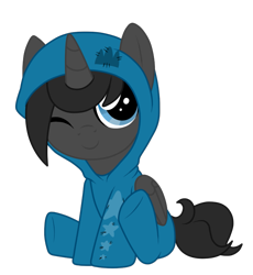 Size: 687x747 | Tagged: safe, artist:crystal-tranquility, oc, oc:ebony, alicorn, pony, female, filly, one eye closed, onesie, simple background, solo, transparent background, wink